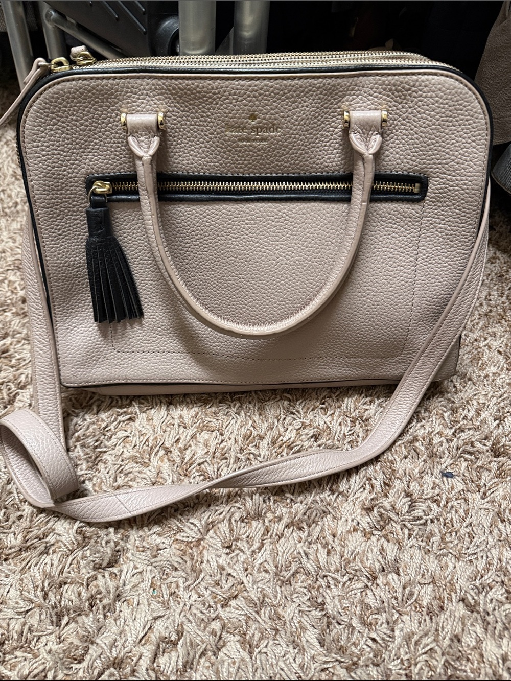 kate spade Pebbled Leather Satchel in Beige with Black Tassel